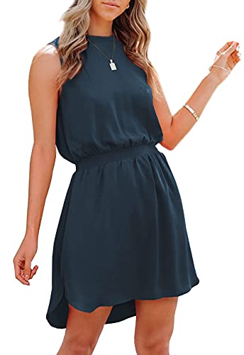 Ferlema Womens Summer Sleeveless Round Neck Elastic Waist Loose Mini Casual Dress with Pockets Navy Blue S
