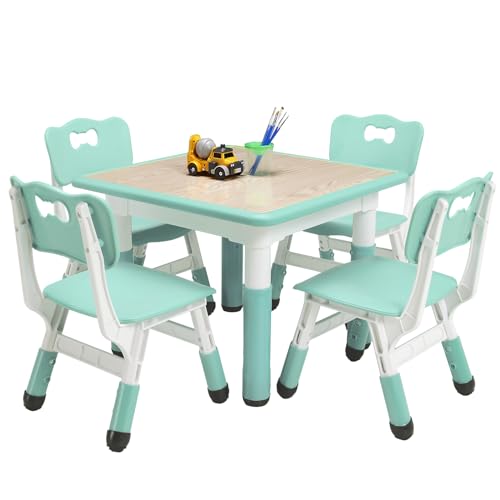 Kids Table and Chairs Set, Height Adjustable Desk with 4 Seats for Ages 2-10,Arts & Crafts Table,Graffiti Desktop, Non-Slip Legs, Max 300lbs, Children Multi-Activity Table for Classrooms,Daycares,Home