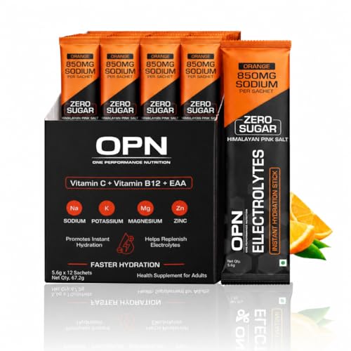 Image of OPN Electrolytes Orange Flavour | 850mg Sodium | Zero Sugar Hydration Powder | Vitamin C, B12 + EAA | (Pack of 3) 36 Sachets