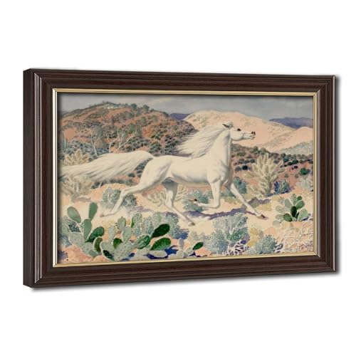 Toile Cactus et cheval blanc : décoration murale suspendue style cowgirl
