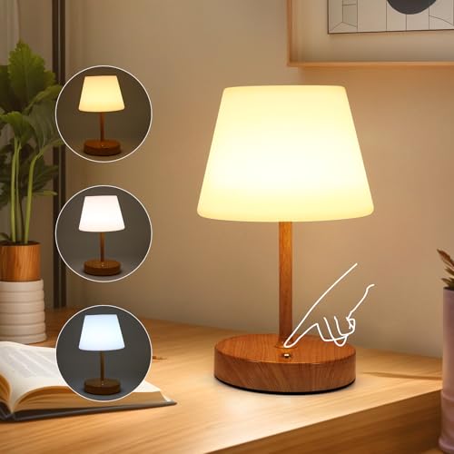 FORNORM Rechargable Table Lamps, Bedside Lamp 3 Colour Touch Dimmable, LED Table Light Cordless Mushroom Bedside Lamps for Living Room Bedroom Dining Room Bathroom, 2000mAh Battery Operated, 27cm H