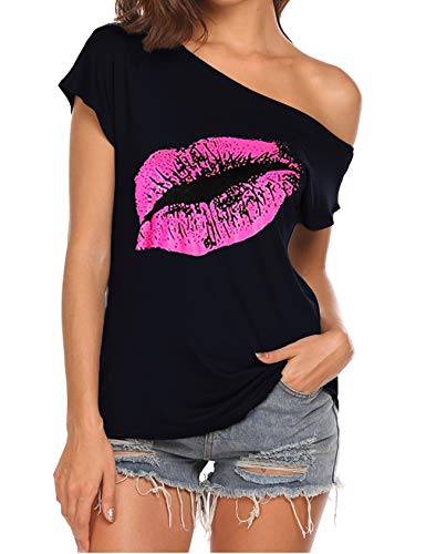 Womens Tshirts Trendy Sexy Lip Print Off Shoulder Shirt 80s Summer Clothes Short Sleeve Sexy Tops Black S
