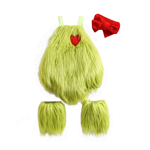 Image of Cevoerf Newborn Baby Girl Christmas Outfits Costume Sleeveless Green Furry Romper Dress Baby Christmas Clothes Costumes, Green# Shorts