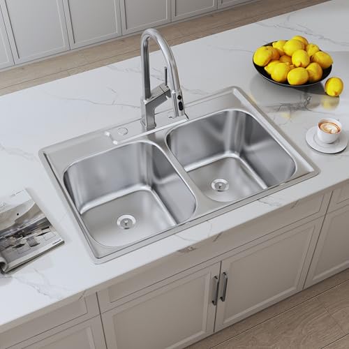 Precyon 33x22 Drop In Double Bowl Kitchen Sink, 33 Inch Topmount 18 Gauge 304 Stainless Steel 50/50 Commercial Grade Kitchen Sinks, Three Holes with Strainer, 33' x 22' x 9'
