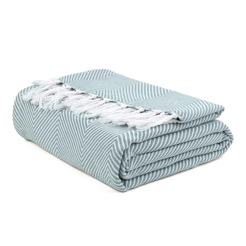 EHC Herringbone Twill Throw, Handwoven Cotton Throws for Sofas Bed Sofa Settee Couch Reversible Bed Cover Over Blanket, Single 127 x 152cm, Ivory/Blue