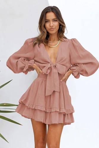 Image of AlvaQ Womens Spring Summer Knot Front V Neck Ruffles Long Sleeve Floral Print Swing Mini Dress, Medium