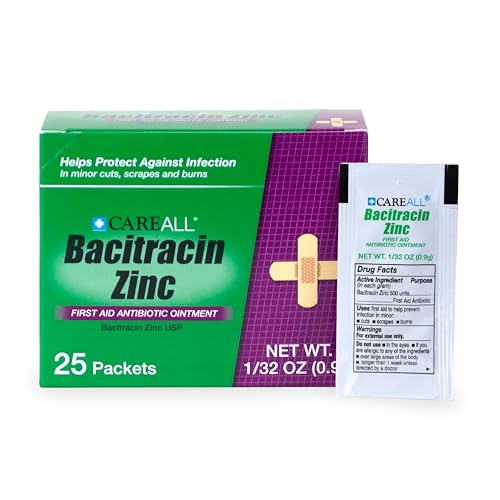 CareAll Bacitracin Antibiotic Zinc Ointment (25 Pack) 0.9gr Foil Packet. First Aid Ointment That Prevents Infections for Minor Cuts Scrapes and Burns