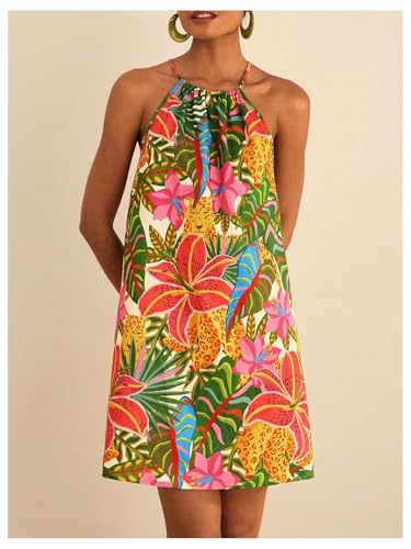 Image of SweatyRocks Women's Tropical Print Halter Dresses Sleeveless Holiday Summer Mini Dress