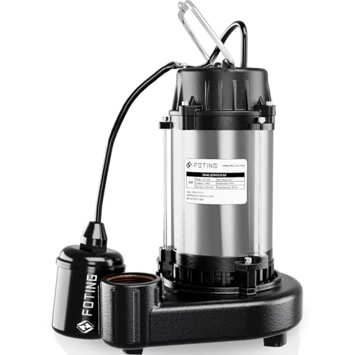 FOTING 1HP 32FT Sump Pump Cast Iron and Stainless Steel, 6000 GPH Heavy Duty Submersible Pump with Automatic Tethered Float Switch for Basement, Septic Tank, Basin, Sewage System