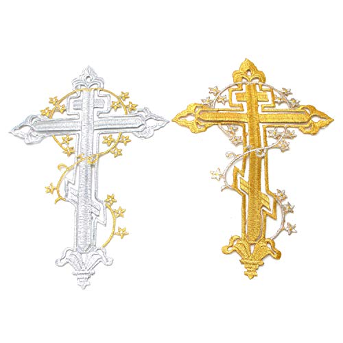 Monrocco 2 pcs Gold Metallic DIY Ethnic Cross Embroidered Patch Clothing Dress Costume Iron-on Decorative Motif Patch Gold,Silver Cross - Embroidered Iron On or Sew On Patch