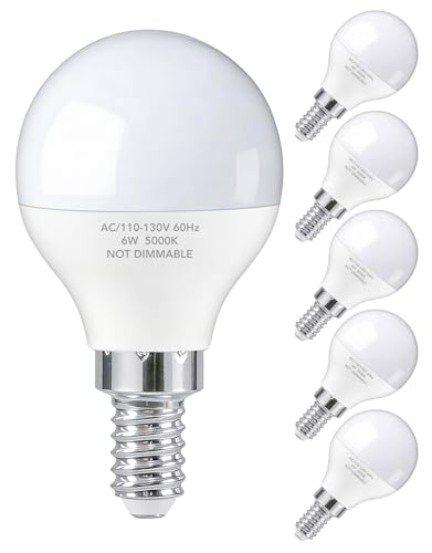 PARTPHONER E12 LED Bulbs 60W Equivalent, E12 Small Base Candelabra Ceiling Fan Bulbs 6W 620LM, A15 Globe Bulb 85+ CRI Non-dimmable 5000K Daylight White, 6 Pack