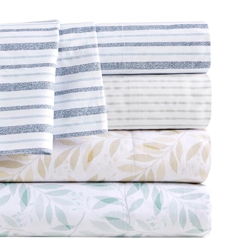 Image of Madison Park 100% Cotton Sheets, King Size, 200TC, Blue Stripe, 4 Piece | Breathable & Soft Sheet Set, Printed Design, All Season Comfort, Elastic Deep Pocket Fits Up to 14 inch Mattress, OEKO-TEX