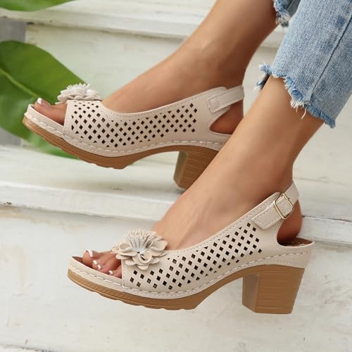 Buckled Square Heel Sandals for Women Dressy, Summer Womens Low Slingback Peep Toe Chunky Heeled Dress Wedge Shoes Comfy4