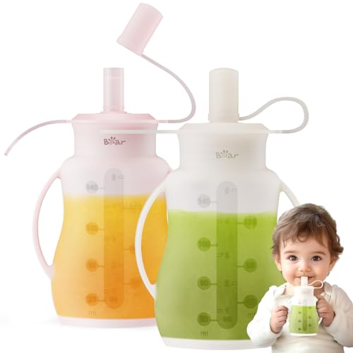 Image of Bear Reusable Silicone Baby Food Pouches, 2 Pack Refillable Squeeze Pouch for Toddlers, Baby Food Containers Dishwasher&Freezer Safe | Make Homemade Organic Food for Babies, 5oz, 6m+