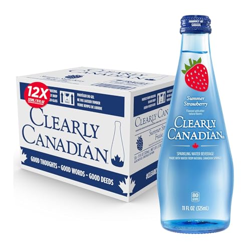 Image of Clearly Canadian Sparkling Flavored Water, 11 oz Glass Bottles - Variety of Refreshing Flavors, Premium Carbonated Beverage, Available in 12-Pack and 24-Pack Options (12 Pack, Strawberry)