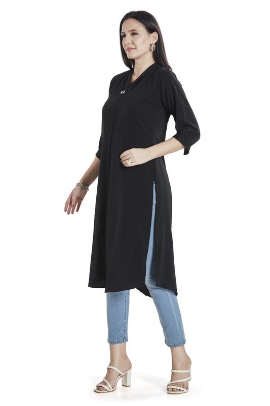 Image of nioni Women's Straight Solid Kurti with V-Fold Neck | Rayon Lycra Material | Fashionable Micro Pleates | 3 /4th Sleeve Kurta for Woman & Girls (S to 2XL)