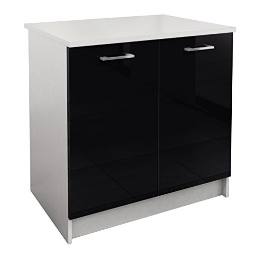 Berlioz Creations PRIMA PG8PN Meuble Bas de Cuisine avec Plan de travail , 2 Portes décors Noir Brillant 80 x 60 x 85 cm, Fabrication 100% Française