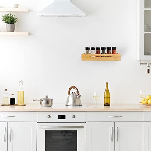 SAUNNIHEN Bamboo Spice Rack Organiser without Drilling, 2 Packs Spice Rack Wall Mounted, Spice Storage Organiser for Inside or Outside Cupboard, Herb Rack Standing or Hanging, Self-adhesive or Drilled