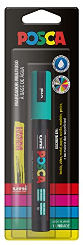 POSCA, UNI, Caneta Marcador PC-5M, Ponta Média, traço de 2,5mm a 6,8mm, Verde Esmeralda, Blister com