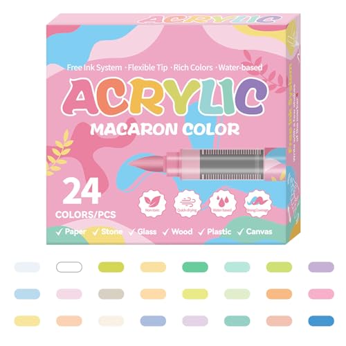 Generisch Rotulador acrílico, 24 colores para piedras, resistente a la luz, marcadores a base de agua con punta suave para grabado de piedra, scrapbooking, zapatos, huevo y cerámica