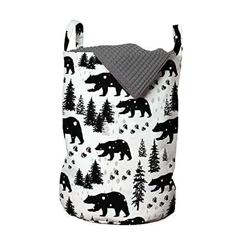 Image of Lunarable Hipster Antler Laundry Bag, Greyscale Style Repetitive Pattern of Bear Footprints and Trees, Hamper Basket with Handles Drawstring Closure for Laundromats, 13" x 19", Black Pale Grey White