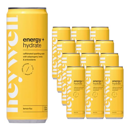 Heywell Sparkling Adaptogenic Water Energy and Focus, Lemon Fizz Flavor 12 Fluid Ounce (Pack of 12) - Caffeinated, Organic, Non GMO, Vegan, Gluten Free, Dairy Free