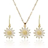 Juego de collar y aretes con diseño de girasol y brillantes bajan a su menor precio Collares de Mujer, Juego Collar Aretes de Girasol Chapado Oro 14K de Mujer con Regalo Cadena 45cm Longitud,Romántico...