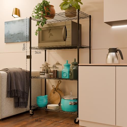 Image of 4-Shelves Wheels Heavy Duty Steel Storage Rack | Multipurpose Shelving Unit for Kitchen, Home & Utility
