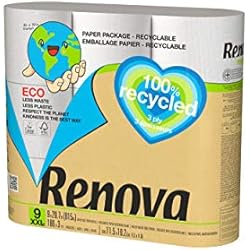 Renova Papel Higiénico Renova Recycled | 9 Rollos Reciclados & Envueltos en Papel | Sin Plásticos | Certificados FSC® y Ecolabel