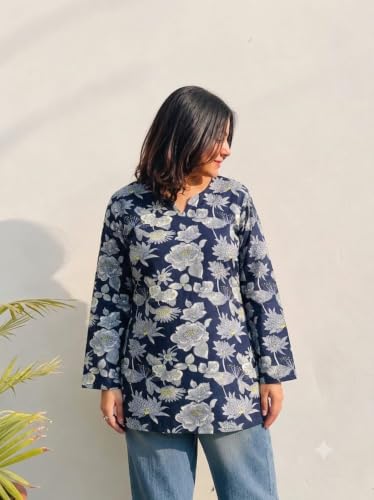 Image of Women Rayon Printed Short Kurti for Women | Floral V Neck Short Kurta Top | Full Sleeve Casual Kurti for Girls & Women