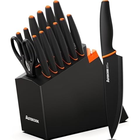 Knife Set, Astercook 15 Pcs Dishwasher Safe Kitchen Knife Set with Built-in Sharpener, High Carbon German Stainless Steel Black Knife Block Set Cover