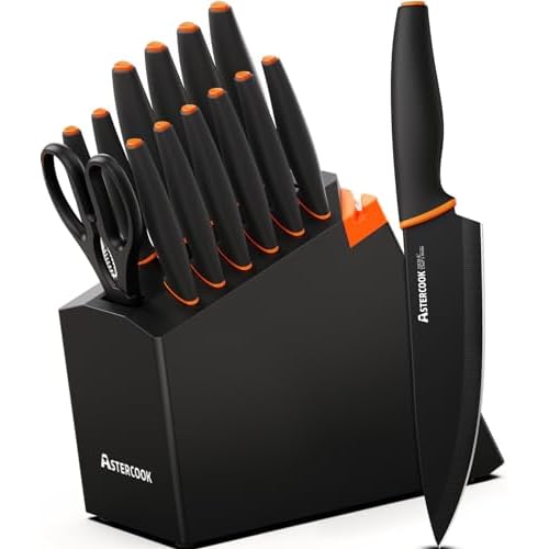 Astercook 15 Pcs Knife Set, Dishwasher Safe Kitchen Knife Set with Built-in Sharpener Stainless Steel Black Knife