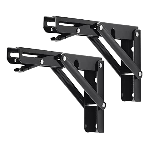YUMORE Folding Shelf Brackets, 8 Inch Heavy Duty Collapsible Shelf Bracket, Black DIY L Bracket for Workbench Folding Table Hinge, Max Load: 300lb, 2 Pack