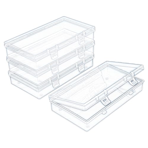 Thintinick Lot de 4 boîtes de rangement rectangulaires en plastique transparent avec couvercle à charnière pour perles et autres petits objets d'artisanat (15,5 x 8,4 x 3 cm)