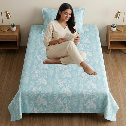 Image of Mafatlal 186 TC Metro Cotton Single Bedsheet | 90 x 60 Inch|Soft, Breathable & Lightweight | with Matching Pillow Cover| Teal Shadow
