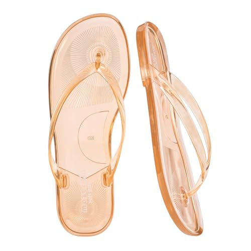 mazeskin Womens Jelly Flip Flops - Soft Thong Sandals with Non-Slip Flexible Rubber Sole Waterproof Summer Beach Shoes Whiskey US8