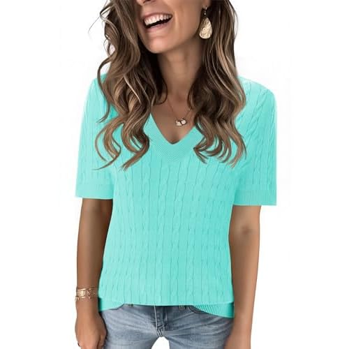 Kistore Womens Short Sleeve Sweaters V Neck Cable Knit Pullover Tops Summer Lightweight Sweater Shirts Blouses 2026 A-lake Blue Small