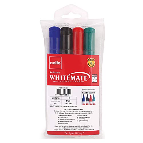 Image of Cello Whitemate Vivid Whiteboard Markers | Set of 6 Whitemate Whiteboard Marker Set - Pack of 4 (Multicolour)