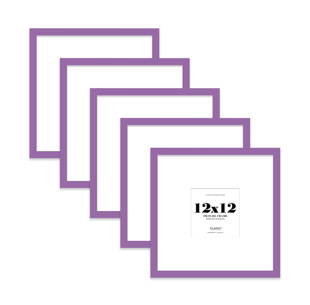 12x12 Purple Picture Frame with Large Mount for 5x5 Photos, Prints - Modern Square Wall Frame, Set of 5