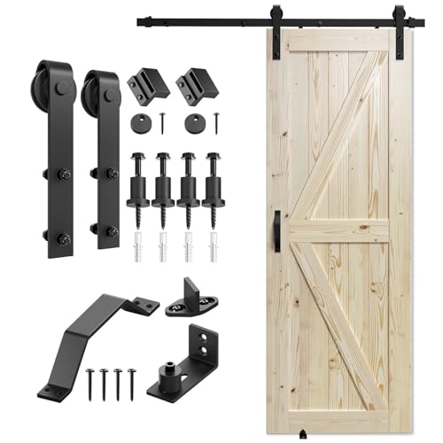 Image of SMARTSTANDARD 30in x 84in Sliding Barn Door with 5ft Barn Door Hardware Kit & Handle, Pre-Drilled Ready to Assemble, DIY Unfinished Solid Spruce Wood Panelled Slab, K-Frame, Natural
