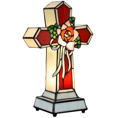 Bieye L10935 Christian Cross Tiffany Style Stained Glass Accent Table Lamp Night Light for Home Décor (Rose)