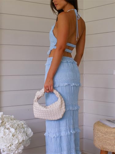 Women Summer 2 Piece Maxi Skirt Sets Y2k Halter Tie Up Backless Tops Ruffle Ruched Long Skirt Beach Vacation Outfit4