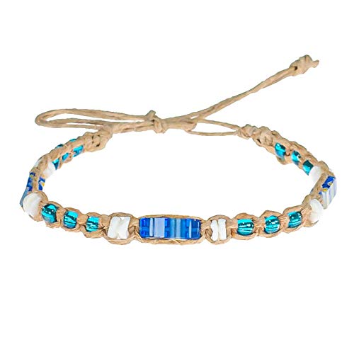 Pulsera tobillera de cáñamo con conchas puka y cristal de Murano azul