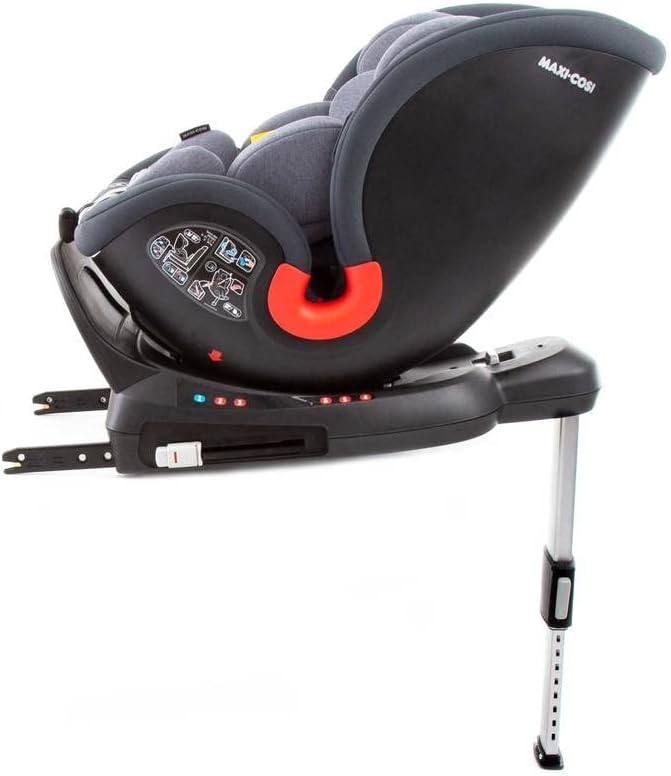 Side view of the car seat in a reclined position, demonstrating the recline feature.