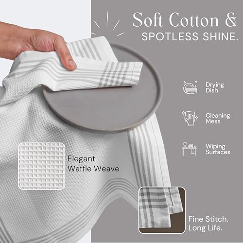 Image of Waffle White & Grey Kitchen Towels 12 Pack, 100% Cotton, 16x26 inches, Quick Drying Dish Cloths, Absorbent Bar Mop Towels, Durable Kitchen Dishcloths Set for Daily Use