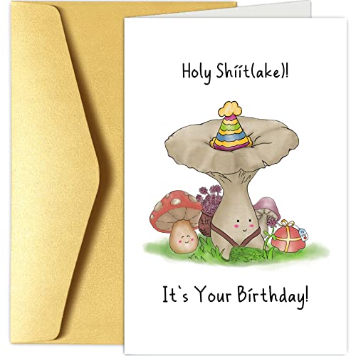 Divertida tarjeta de cumpleaños de hongos, tarjeta de cumpleaños Cottagecore, bonita tarjeta de felicitación de cumpleaños, tarjeta de juego de palabras de Holy Shiitake It's Your Birthday
