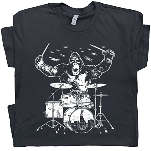 XXL - Kong Playing Drums T Shirt Cool Vintage Drum Set Mens Womens Kids Graphic Tee Funny Drummer Animal Player Gift Band Black