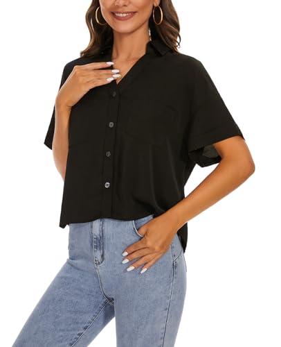 MINTLIMIT Womens Button Down Crop Tops Casual Short Sleeve Cropped Shirts Solid Lapel Blouse Shirt with Chest Pocket2