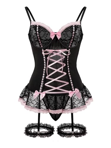 Sexy Rave Mesh Corset Ruffle Lace Up Underwire Sheer Garter Belt Babydoll Lingerie Set With Thong 3 Piece Women