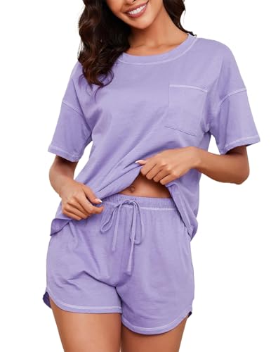 Image of KCW Pajamas for Women Set 2 Piece 100% Cotton Lounge Sets Short Sleeve Top and Shorts Pj Set Sleepwear Outfits